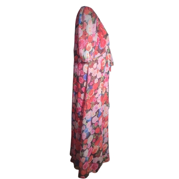 Ieena Mac Duggal Multicolor Floral Print Front Tie Puff Sleeve Flowy Midi dress - Picture 6 of 8